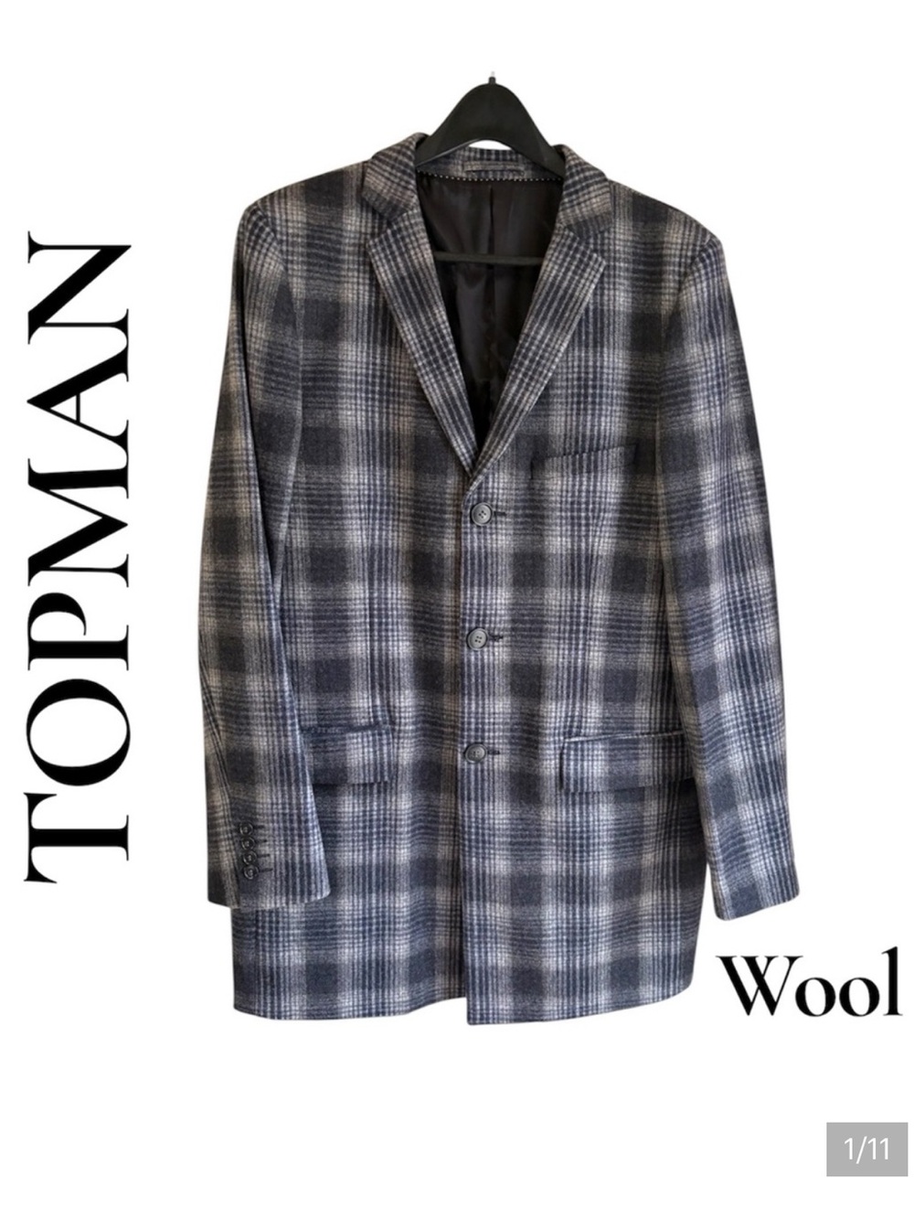 Topman - Sharp Men’s Gray/Black Plaid Wool Blend Car Coat. Size 44. New w/o tags